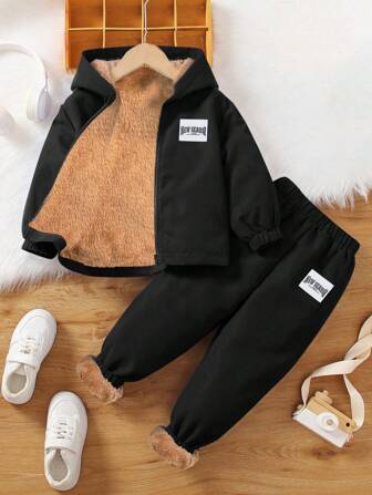 SHEIN 2 件儿童蓝色夹克和棕色保暖毛绒内裤针织两件套，适合通勤、上学、日常休闲、度假、运动、冬季和新年外出