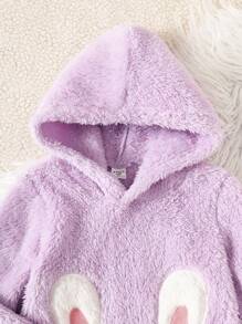 Young Girl Simple Pink Plush Cute Rabbit Pattern Long Pants & Long Sleeve Hooded 2pcs Pajama Set - Purple - View 6