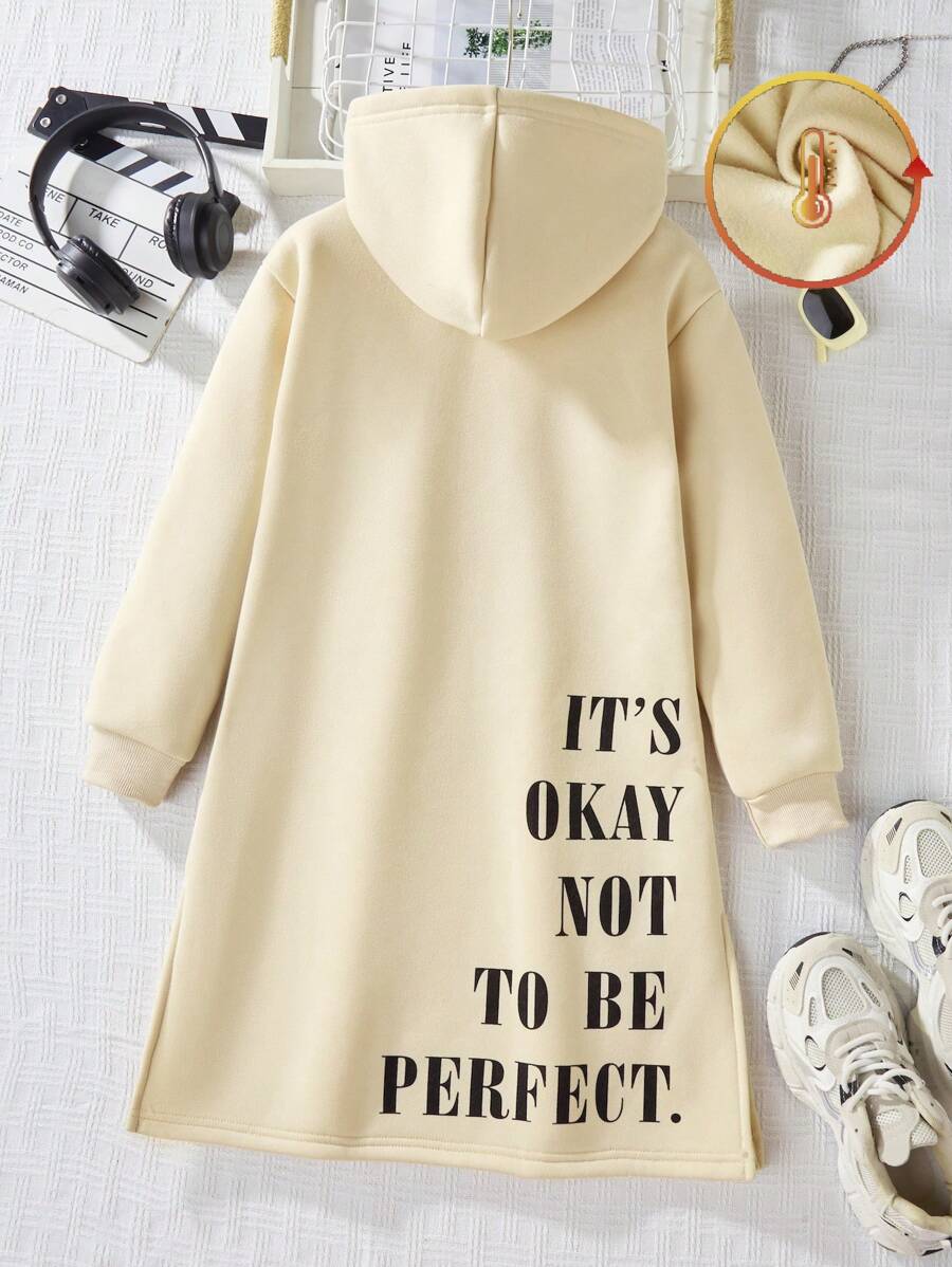 1 件 Tween Girl 保暖内衬连帽运动衫，带大字母图案，保暖秋冬装 - 杏色 - 查看 1