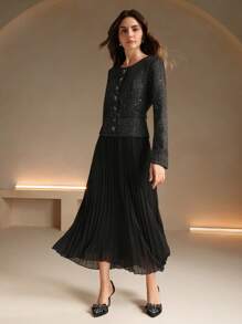 Anewsta Women Long Sleeve Patchwork 2 In 1 Pleated Dress - Black - View 7