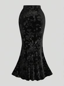 Flirla Plus Size Women Elegant High Waist Jacquard Velvet Mermaid Skirt, Wine Red For Party And Celebration - Black - View 1