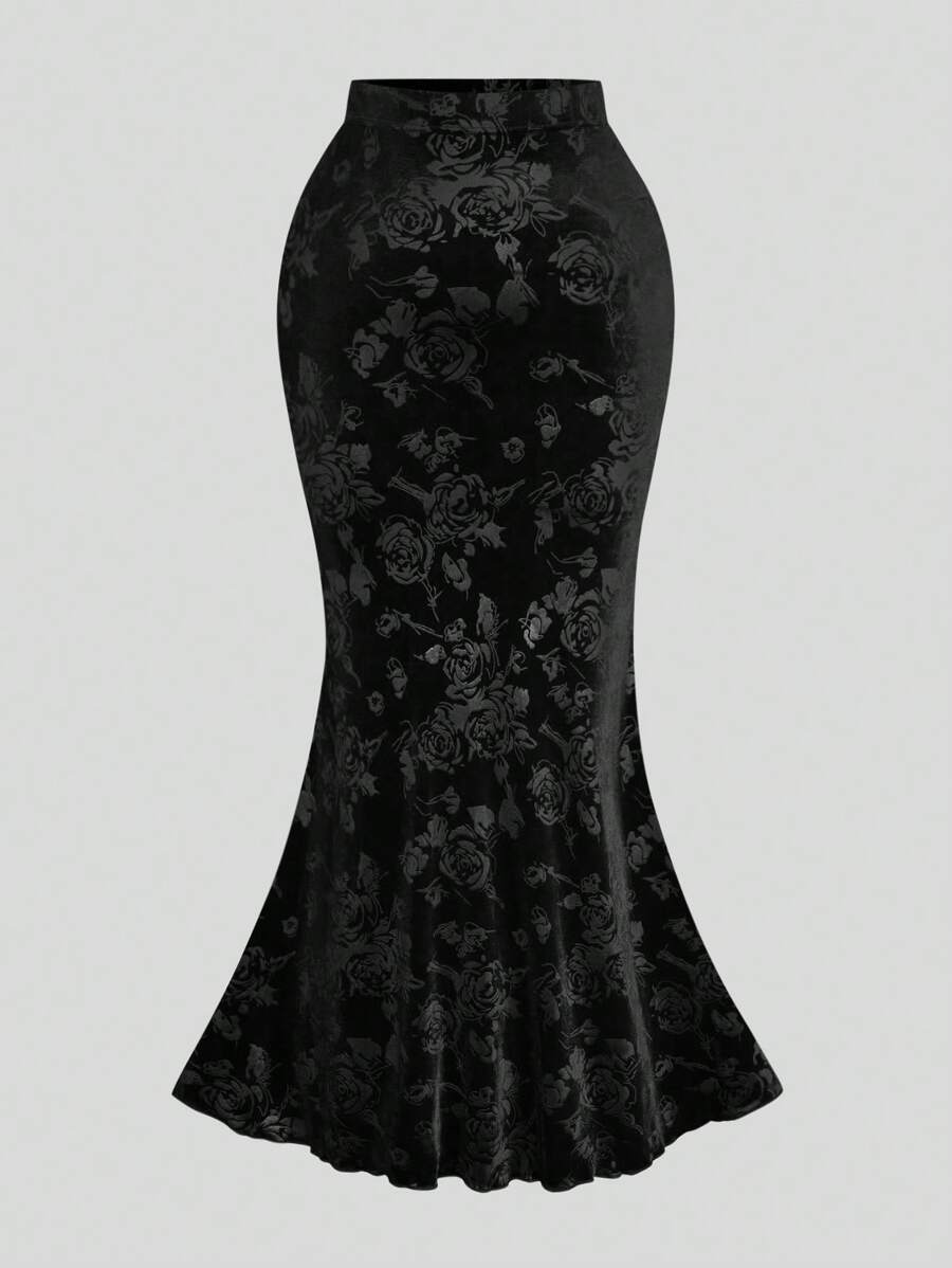 Flirla Plus Size Women Elegant High Waist Jacquard Velvet Mermaid Skirt, Wine Red For Party And Celebration - Black - View 1