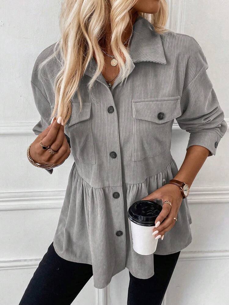 Flap Pocket Drop Shoulder Peplum Corduroy Coat Fall Winter Cloth For Women
