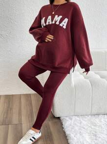 SHEIN 2pcs/Set Maternity Round Neck Long Sleeve Letter Print Minimalist Top And Pants - Burgundy - View 6