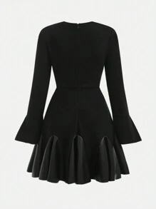 SHEIN Girlism 少女黑/秋/冬/优雅通勤/拼接PU荷叶边袖荷叶边连衣裙 - 黑色 - 查看 10