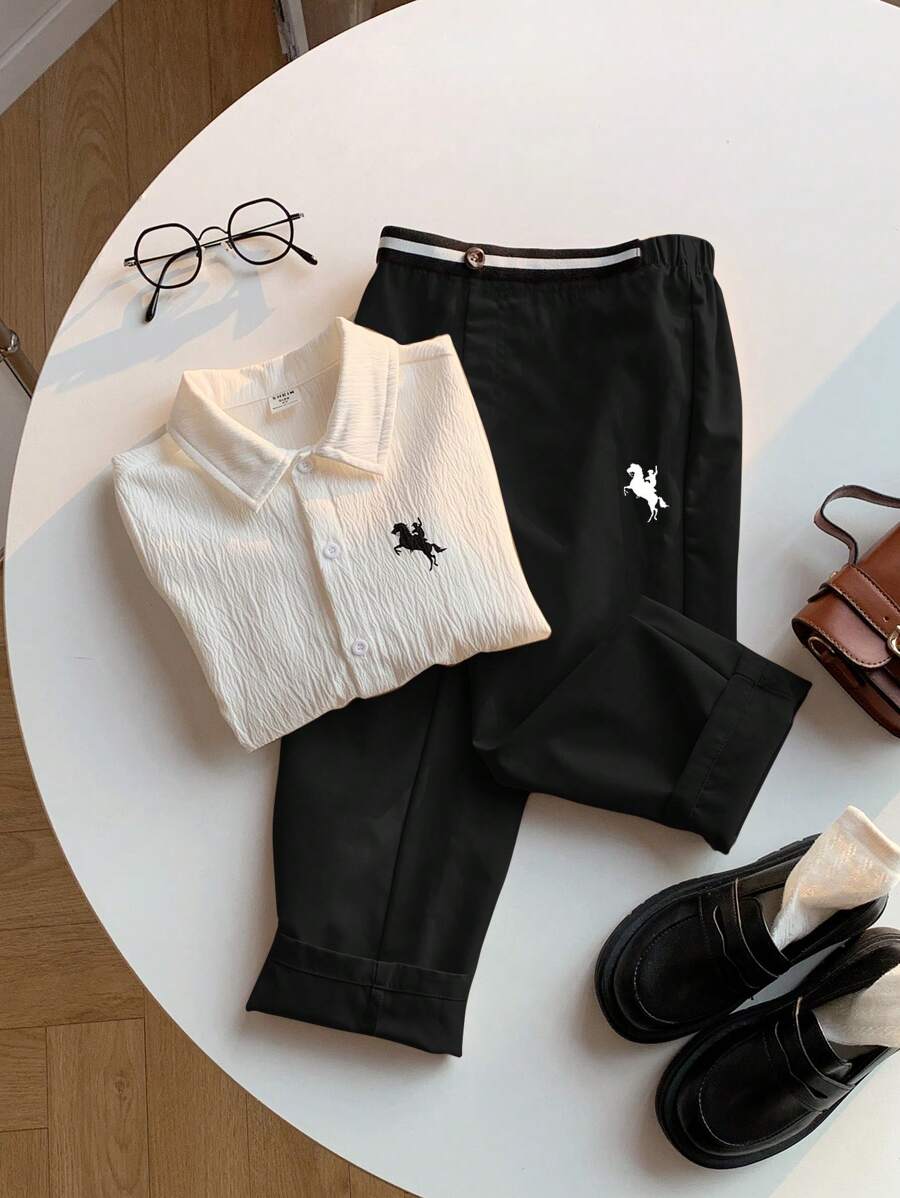 2 szt. młodzieżowy chłopięcy akademicki swobodny codzienny wygodny jeleń dekoracyjny biały kołnierzyk koszula z długim rękawem i spodnie zestaw, odpowiedni do szkoły, wycieczek, codziennych spotkań, jesień/zima