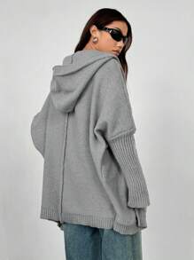 Flirla Women Solid Color Bat Sleeve Loose Casual Hooded Cardigan, Versatile For Autumn/Winter