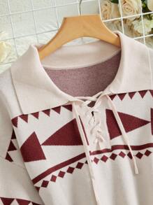 Mulvari Women Geometric Pattern Tie Neck Long Sleeve Casual Knitted Sweater Dress, Autumn/Winter