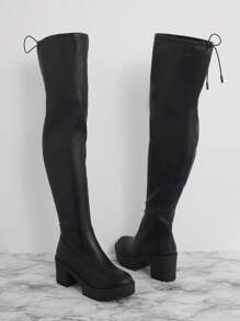 SHUZIA Women's Black Chunky Heel Lug Sole Thigh-High Boots With Drawstring Back – Slimming, Sexy, Comfortable, And Versatile New Year Holiday Valentine Gifts Summer Shoes Valentines Spring Shoes - Black - View 7