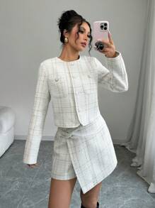 SHEIN Frenchy Dames herfst geruit enkelrijs jasje en asymmetrische zoom skort 2-delige outfit