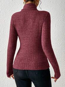 SHEIN Essnce Women High Neck Ribbed Long Sleeve Fitted T-Shirt, Solid Color, Autumn/Winter