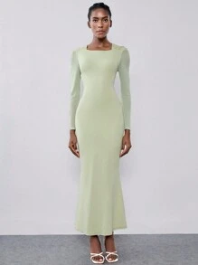 Chiquease 网眼针织松紧腰美人鱼下摆绿色连衣裙长款女装 - 綠色 - 查看 3