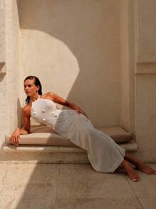 SHEIN Swim Vestido de verano con cuello halter y espalda abierta de ganchillo para mujer