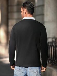 Manfinity Homme Men's Plain Color Splicing Front Button Long Sleeve Casual Polo Shirts - Black - View 2