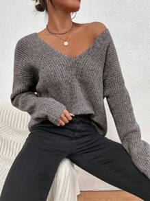 Chiquease V 领落肩罗纹针织毛衣、长袖上衣