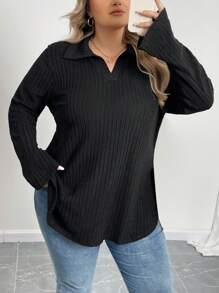 SHEIN CURVE+ Plus Size Women's Black Polo Collar Fitted Long Sleeve Casual Basic Polo Shirt-C