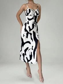 Chiquease Summer Fashion Random Printed Thigh-Slit Cami Dress Maxi Women Outfit - Apricot - View 3