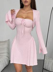 Flirla 2 sztuki Elegancki zestaw sukienek Y2K Casual Brushed Ribbed Knit z długim rękawem