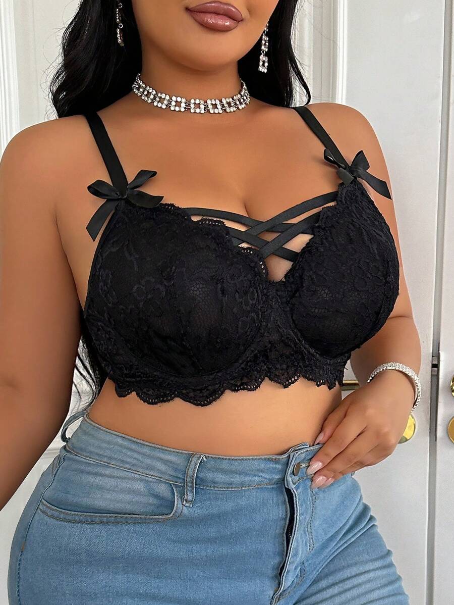 Seduluxe Serie sexy Lencería de encaje con lazo decorativo para tallas grandes, levanta