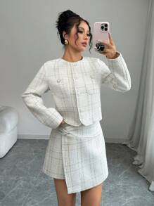 SHEIN Frenchy Dames herfst geruit enkelrijs jasje en asymmetrische zoom skort 2-delige outfit