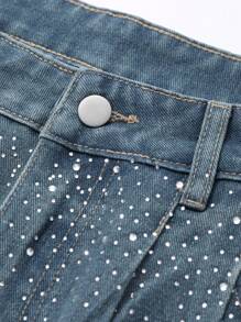 DAZY Jeans dritti casual ampi e plissettati da donna con decorazioni in strass