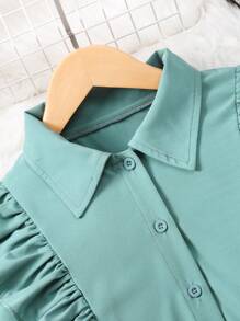 少女 2 件套：纯色荷叶边饰纽扣衬衫 + 黑色紧身裤 - 黑色 - 查看 6