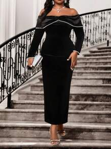 SHEIN Lady Autumn And Winter Elegant Party Wedding Valentine's Day Cocktail Party Concert/Music Festival Black Knitted Velvet Off The Shoulder Straight Tape Embellished Long Long Sleeve Plus Size Dresses Valentine's Day New Year Party Party Dress New Year Eve Dress