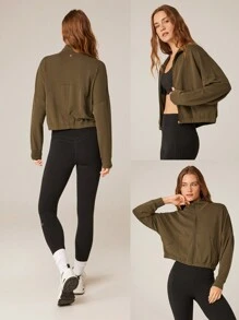 GLOWMODE Modal Soft Lapel High Collar Elastic Hem Long Sleeve Jacket With Side Pockets Daily Casual - Army Green - View 8