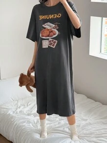 DAZY Oversized Mid-Length Nightgown With American Dessert Print