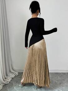 Elenzga Vestido de noche plisado con inserto floral metálico de lujo para mujer