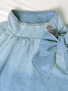 高領燈籠袖蝴蝶結前綁帶洗水牛仔襯衫