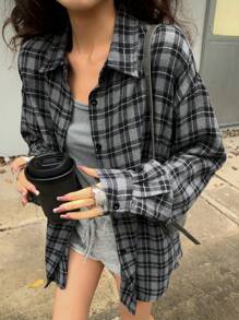DAZY Blusa informal holgada de manga larga a cuadros para mujeres