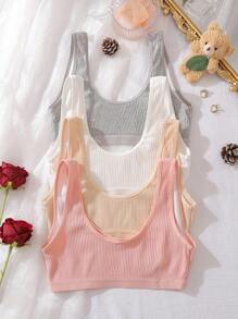 4pcs Cotton Comfortable Ribbed, Striped, Embroidered, Floral Print Camisoles For Big Girls - Multicolor - View 2