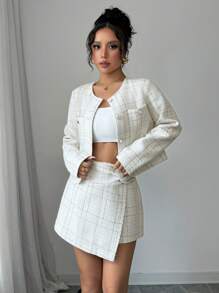 SHEIN Frenchy Dames herfst geruit enkelrijs jasje en asymmetrische zoom skort 2-delige outfit