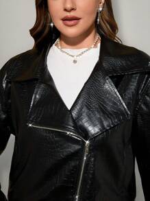 SHEIN Privé Plus Size Elegant Casual Personalized High Street Music Festival Long Sleeve Jacket, Lapel Collar Pockets PU Embossed Jacket, Suitable For Holiday, New Year, Party, Office Fairy - Black - View 2