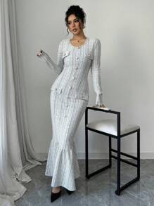 Elenzga Đầm Maxi thanh lịch dài tay kẻ caro viền đuôi cá thời trang thu đông cho nữ - Nhiều màu - Xem 6