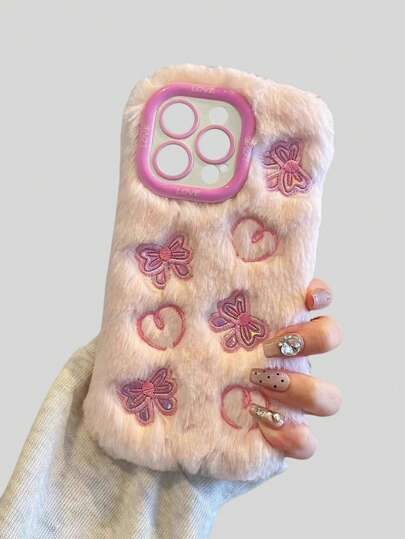 Kawaii Cute Plush Heart & Bow Phone Case Compatible With IPhone 13 Pro Max, XR, 7/8 Plus, 12, Suitable For Men & Women, Autumn/Winter