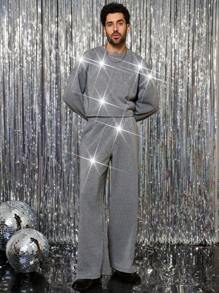 Manfinity VCAY 2Pcs Men's Knit Casual Elastic Waist Loose Long Sleeve Sweatshirt And Straight Leg Pants Set - Grey - View 4