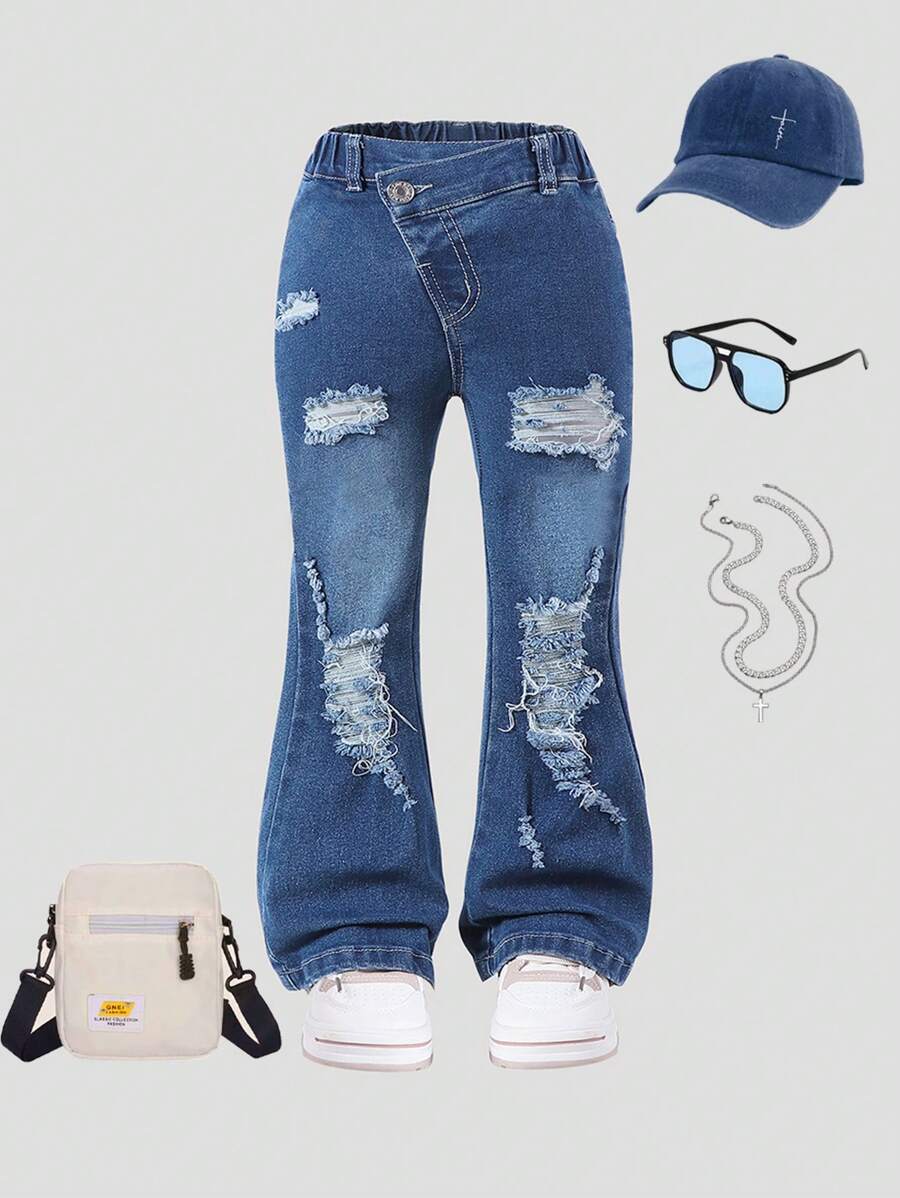 Young Girl Elastic Waist Unique Slant Design Ripped Distressed Flared Jeans Summer Holiday - Medium Wash - View 1