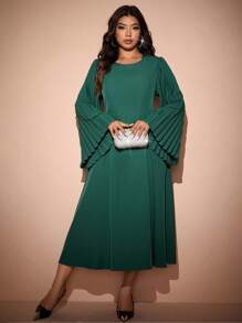 Allurite Đầm chữ A dài tay xếp ly hở lưng cổ tròn thanh lịch cỡ lớn cho quý cô, trang phục dành cho nữ - Màu xanh lá cây đậm - Xem 4