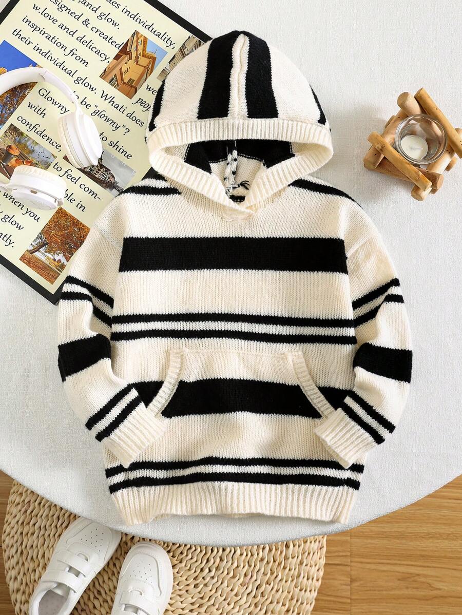 1 pieza Sudadera con capucha a rayas casual para niños pequeños, suéter cómodo, de moda, sencillo y práctico para la escuela de kindergarten, ropa de niño adolescente, atuendos de niño pequeño, apropiado para uso diario, escuela, deportes, otoño/invierno