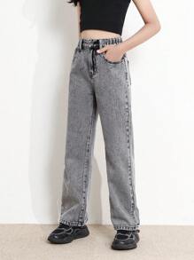 SHEIN TWEEN GIRL All-Match Casual Contemporary Street Style Snowflake Distressed Waist Elastic Waistband 5-Pocket Skinny Fit Straight Leg Jeans, All-Year Versatile And Fashionable Denim Essential