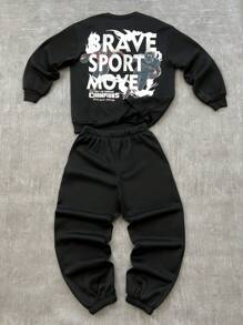 SHEIN 青少年男孩宽松图案印花圆领运动衫和抽绳裤 2 件套 - 黑色 - 查看 2