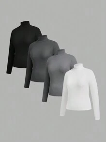 SHEIN Essnce Plus Size Women's T-Shirt, 4 Pieces, High Neck Long Sleeve Top, Out Top,Cute Tops Spring Clothes