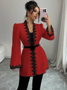 Elenzga Women Regular Fit Jacket With Contrast Color Paneled Floral Lace Waist Detail - Red - View 4