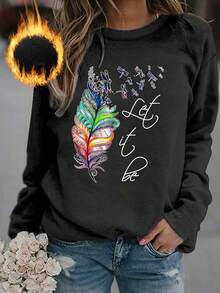 女式休闲“Let It Be”羽毛印花图案套头衫 - 黑色 - 查看 1