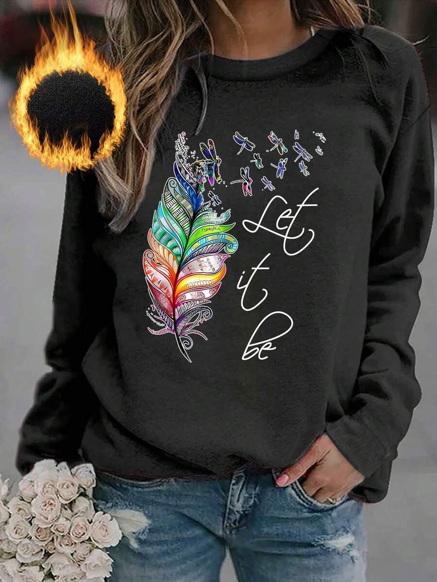 女式休闲“Let It Be”羽毛印花图案套头衫 - 黑色 - 查看 1