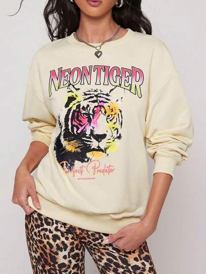 Animal Planet X SHEIN Women Apricot Funny Letter & Tiger Print Dropped Shoulder Casual Sweatshirt For Winter Christmas Sweatshirt Cute Sweatshirts Animal Graphic