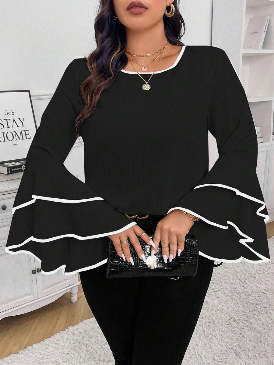Rometta Plus Size Elegant Contrast Piping Ruffle Sleeve Shirt , Bell Sleeve Top Fall Cloth For Women - Black - View 1