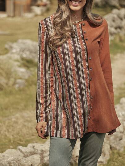 LanaWest 秋季新款圆领灯芯绒印花长袖纽扣装饰女式衬衫